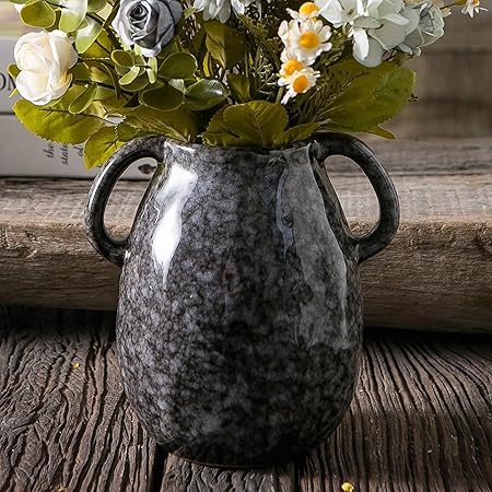Tanvecle Blue Ceramic Vase with Handles – Rustic Farmhouse Pottery Flower Vase for Home, Dining Table &amp; Centerpieces | 7-Inch Decorative Terracotta-Style Vase