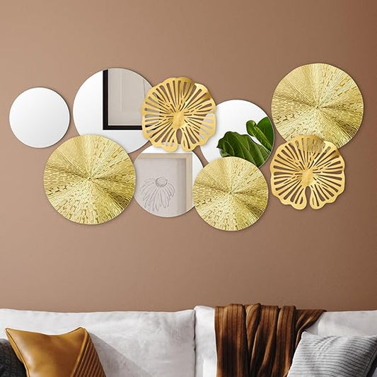 Hicarer 9 Pcs Metal Wall Art & Decorative Circle Plates Mirror – Modern Round Accent Sculpture for Living Room, Bedroom, Kitchen, Office (Metallic Finish)
