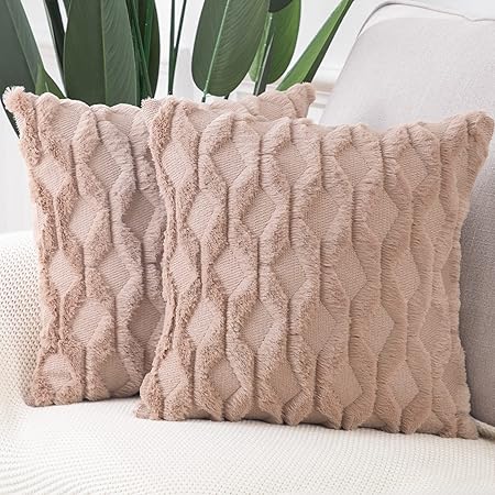 Madizz 24x24 Soft Plush Short Wool Velvet Throw Pillow Covers – Set of 2 Luxury Decorative Cushion Cases for Sofa, Bed &amp; Living Room, Cream Beige