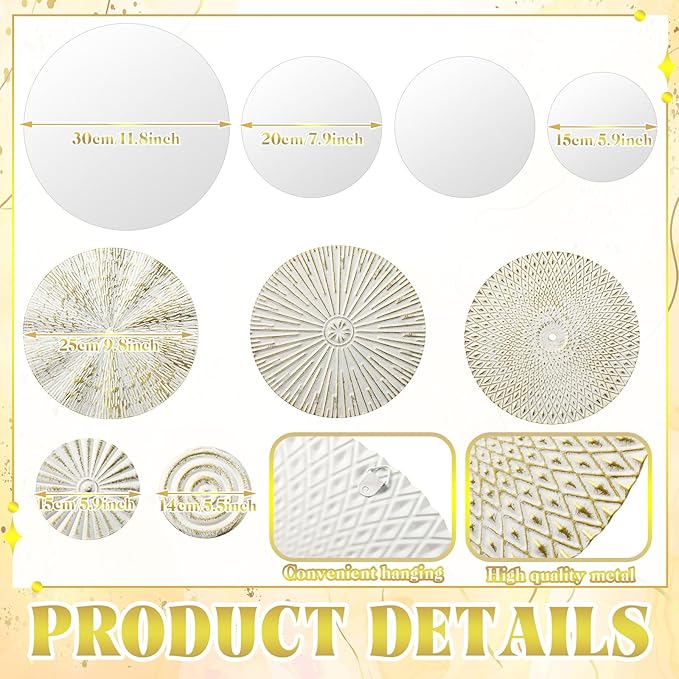 Blulu 9 Pcs White & Gold Mirror Wall Décor – Round Metal Accent Mirrors & Plates, Modern Home Art Sculpture for Living Room, Bedroom, Office