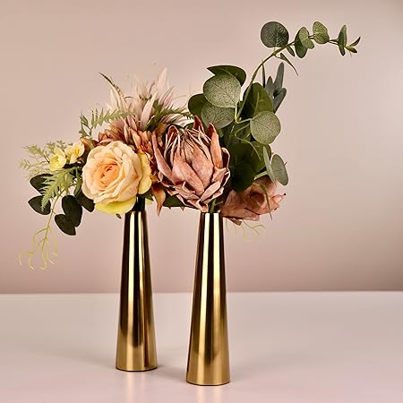 Gold Slim Cone Vase by Indian Impressions – Handcrafted Metal Vases with Hammered Gold Finish for Home Decor, Table Centerpieces &amp; Gifting (Set of 2)
