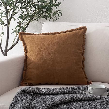 ATLINIA Linen Throw Pillow Cover 18x18 Inch – Boho Fringe Cushion Cover for Couch, Bed & Outdoor Decor, Cream Farmhouse Style (Pillowcase Only)