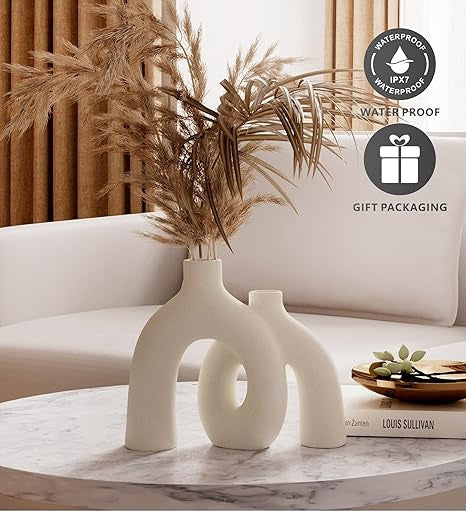 Hug Donut Decorative Vase Set – Modern Nordic Boho Ceramic Vases in Cream White | Minimalist Matte Centerpiece for Living Room, Shelf, Mantle &amp; Entryway Décor