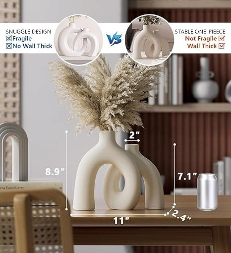 Hug Donut Decorative Vase Set – Modern Nordic Boho Ceramic Vases in Cream White | Minimalist Matte Centerpiece for Living Room, Shelf, Mantle &amp; Entryway Décor
