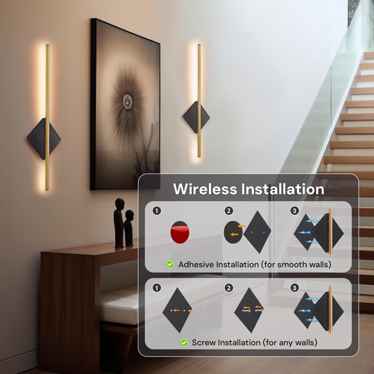 GALAKSIOZ Battery Operated Wall Sconce Lights Set of Two with Remote Control & Timing, Wireless&Cordless & Rechargeable & Dimmable Modern Home Decor Sconces Light for Bedroom&Living Room & Hallway